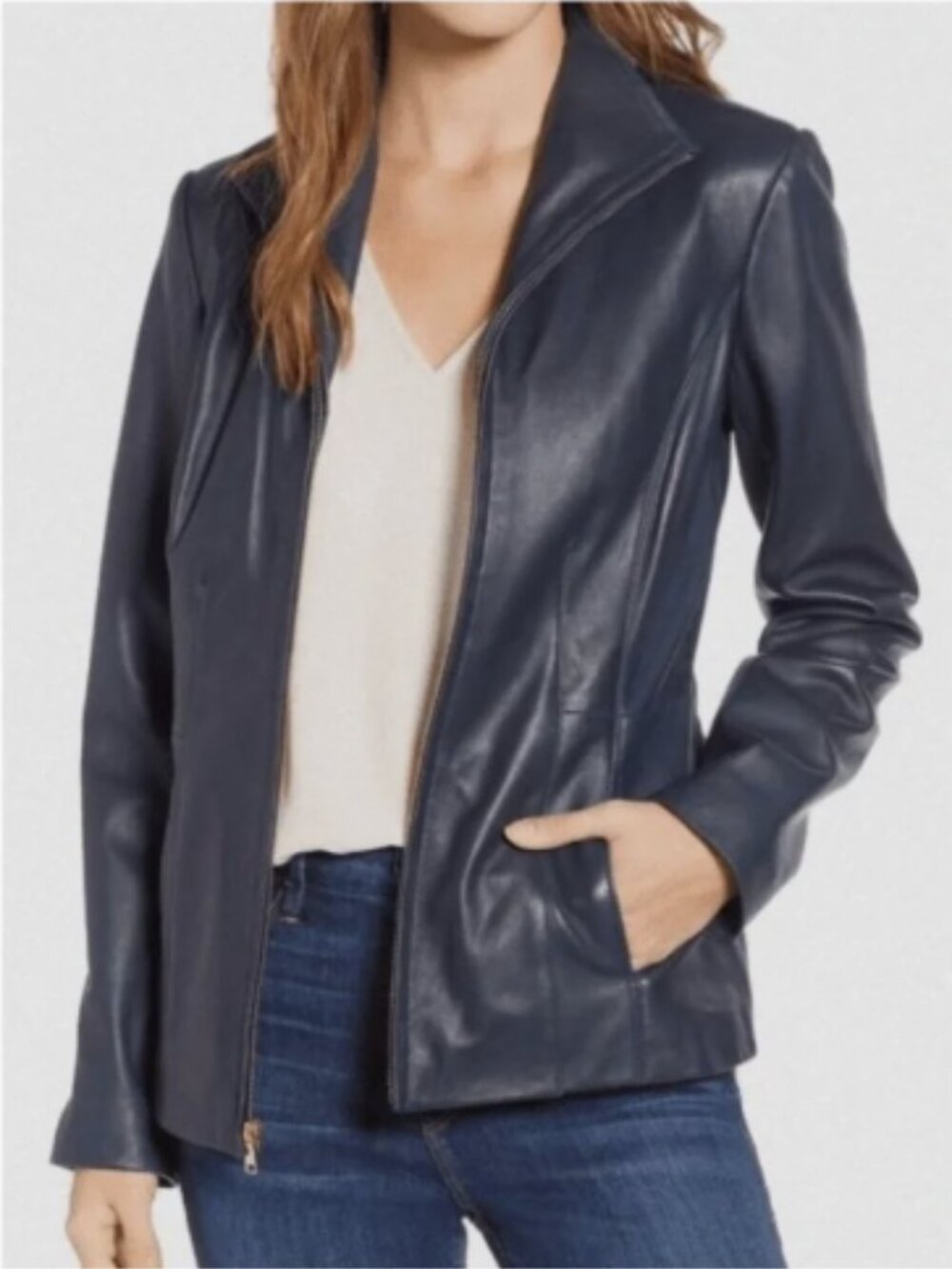 Cole Haan Navy Wing Collar Front Zip Lamb Leather Jacket M